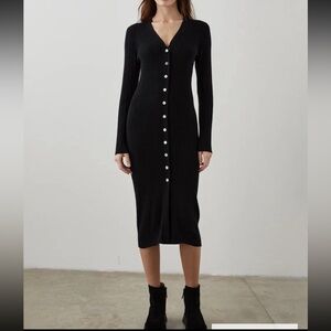 NWOT Rails Lorraine Long Sleeve Button Front Ribbed Sweater Midi Dress Black XS